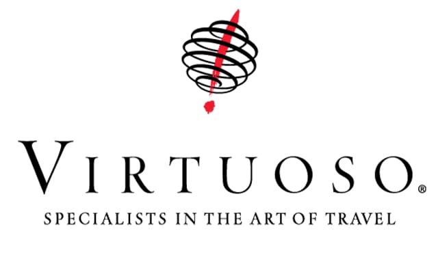 A logo of virtuoso, with the words virtuosi specialists in the art of trade.