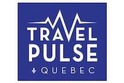 A blue and white logo for travel pulse quebec.