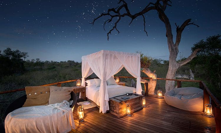 A bed with canopy and lights on top of it.