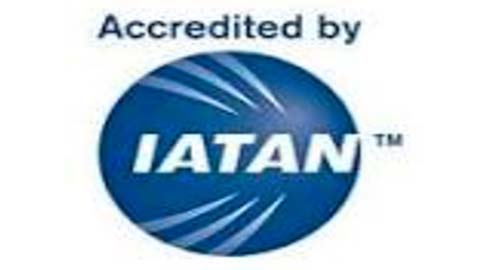 A blue and white logo for iatan