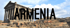 A picture of the word armenia written in front of an ancient greek temple.