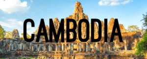 A picture of the word cambodia with an image of a temple in the background.