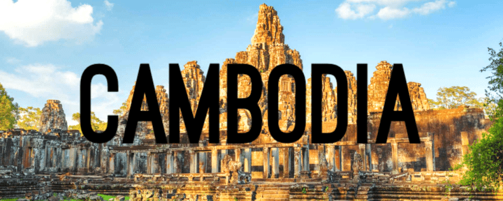 A picture of the word cambodia with an image of a temple in the background.