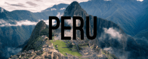 A picture of the mountains and the city with the word peru written in it.